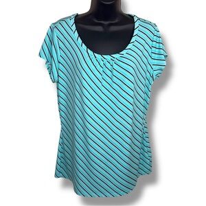 Large Worthington Teal Blue White Black Stripes Short Sleeve Blouse Top